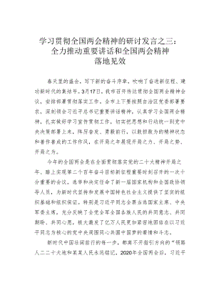 学习贯彻全国两会精神的研讨发言之三：全力推动重要讲话和全国两会精神落地见效.docx
