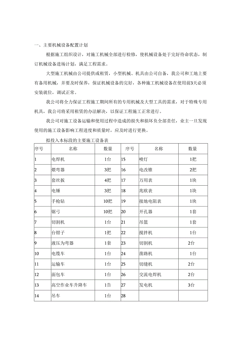 机械设备投入计划及保证措施.docx_第1页
