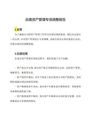自查资产管理专项调整报告.docx