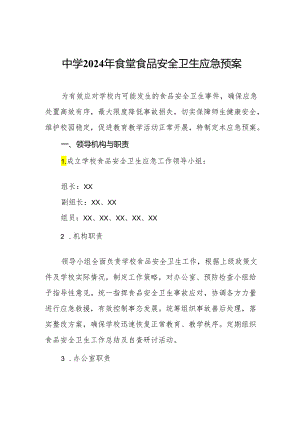 中学2024年食堂食品安全卫生应急预案.docx