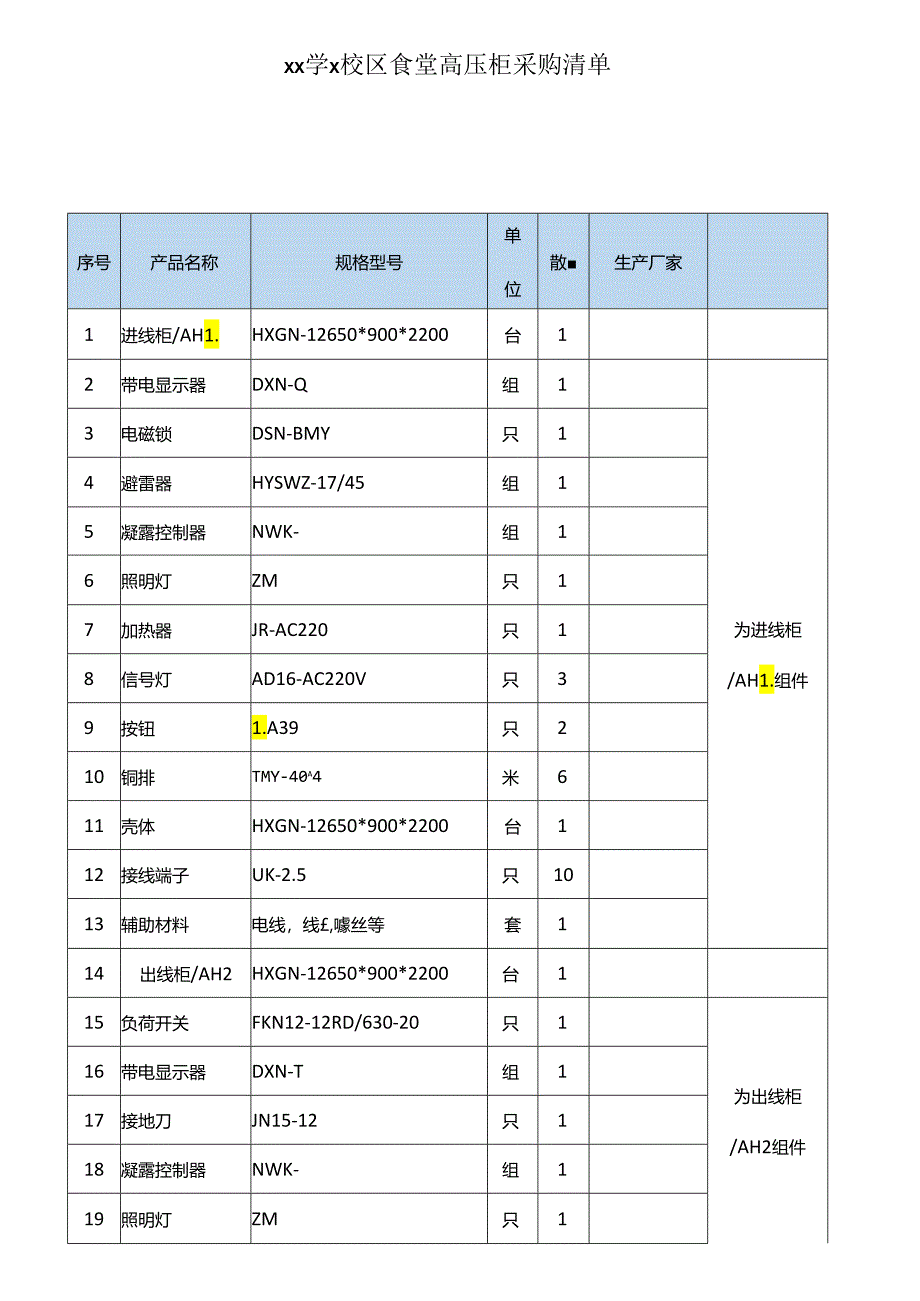 xx学x校区食堂高压柜采购清单（2024年）.docx_第1页