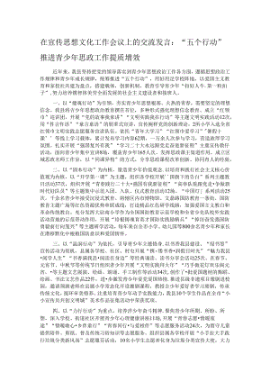 在宣传思想文化工作会议上的交流发言：“五个行动”推进青少年思政工作提质增效.docx
