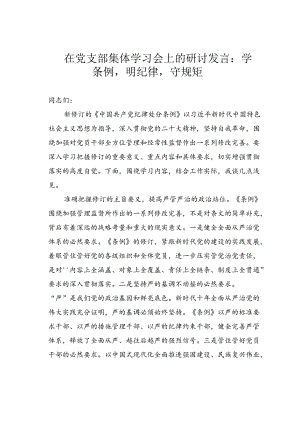 在党支部集体学习会上的研讨发言：学条例明纪律守规矩.docx