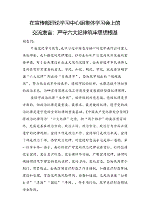 在宣传部理论学习中心组集体学习会上的交流发言：严守六大纪律+筑牢思想根基.docx