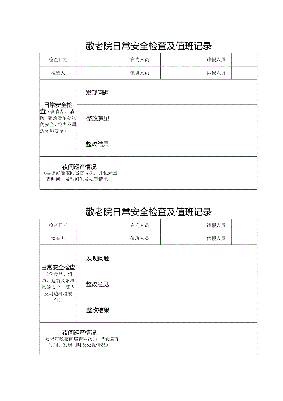 敬老院日常安全检查及值班记录表.docx_第1页