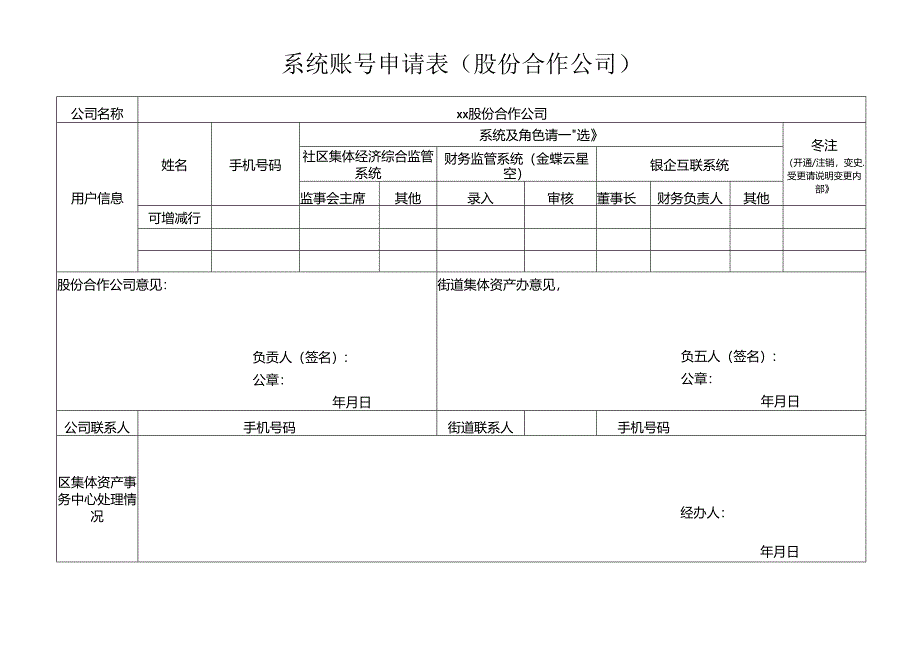 系统账号申请表(股份合作公司).docx_第1页