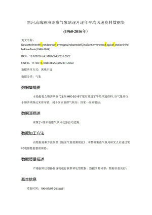 黑河流域额济纳旗气象站逐月逐年平均风速资料数据集（1960-2016年）.docx
