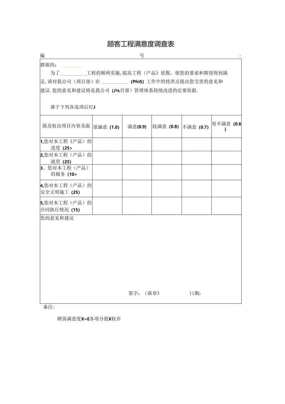 顾客工程满意度调查表（模板）.docx_第1页