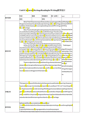 人教版（2019） 必修 第二册Unit 1 Cultural Heritage Reading for Writing 教学设计 （表格式）.docx