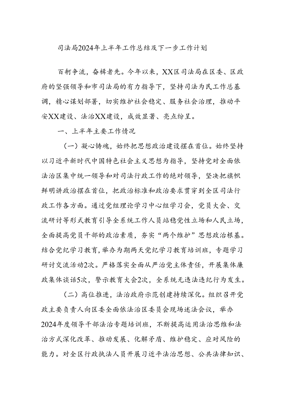 司法局2024年上半年工作总结及下一步工作计划.docx_第1页