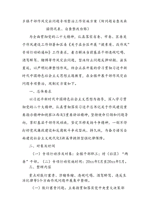 乡镇干部作风突出问题专项整治工作实施方案（附问题自查及承诺情况表、自查整改台账）.docx