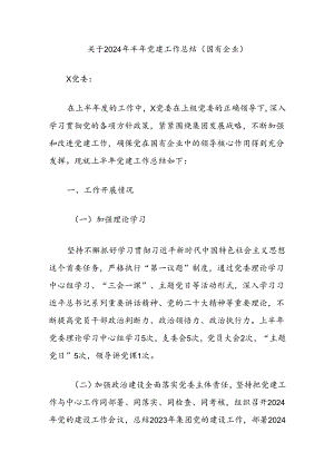 关于2024年半年党建工作总结（国有企业）.docx