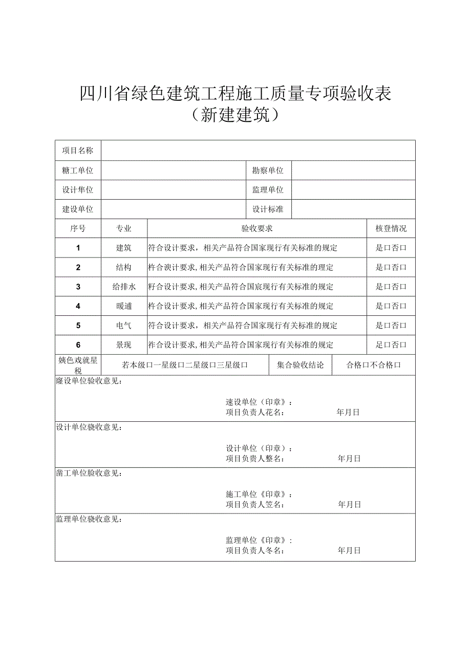 四川省绿色建筑工程施工质量专项验收表（新建建筑）.docx_第1页