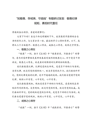 4篇 2024年“知敬畏、存戒惧、守底线”专题研讨发言：敬畏纪律规矩勇担时代重任.docx