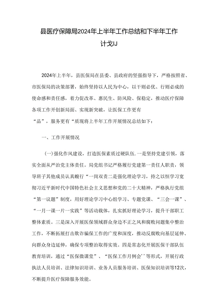县医疗保障局2024年上半年工作总结和下半年工作计划.docx_第1页
