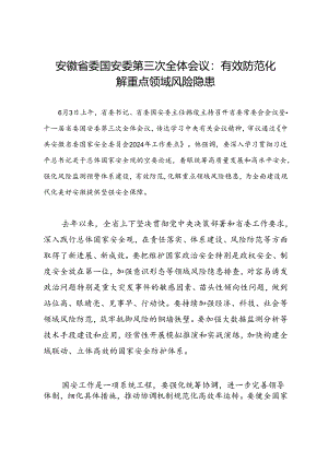 领导讲话∣党政综合：20240603安徽省委国安委第三次全体会议：有效防范化解重点领域风险隐患.docx