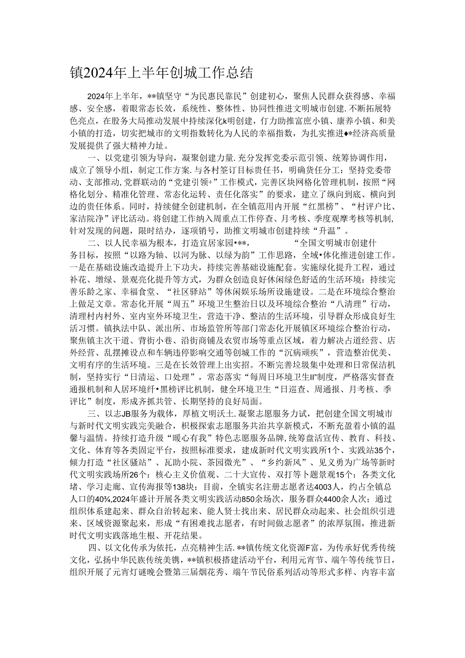 镇2024年上半年创城工作总结.docx_第1页