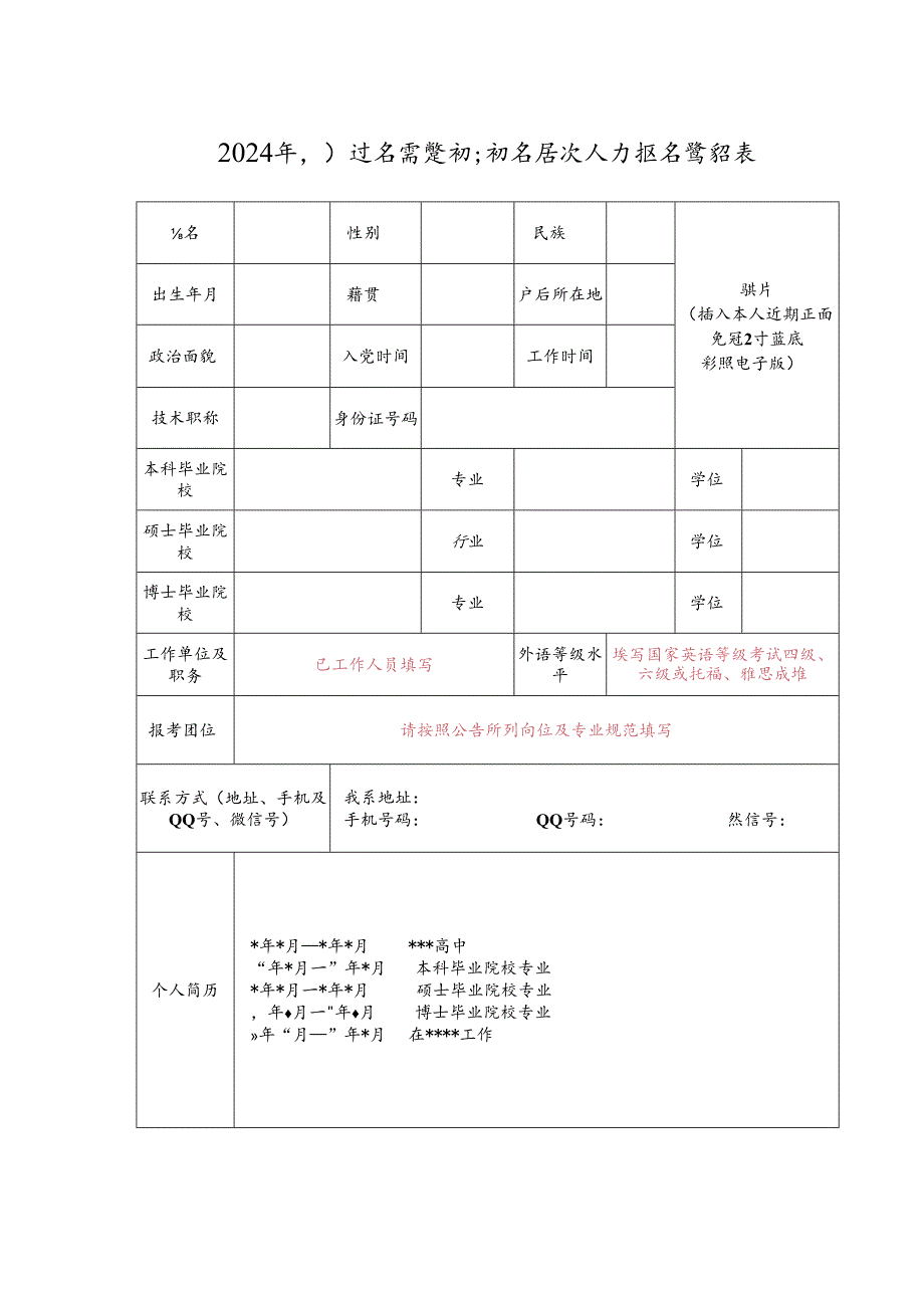 2024年引进急需紧缺和高层次人才报名登记表.docx_第1页