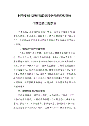 2024年村党支部书记在镇软弱涣散党组织整顿工作推进会上的发言.docx