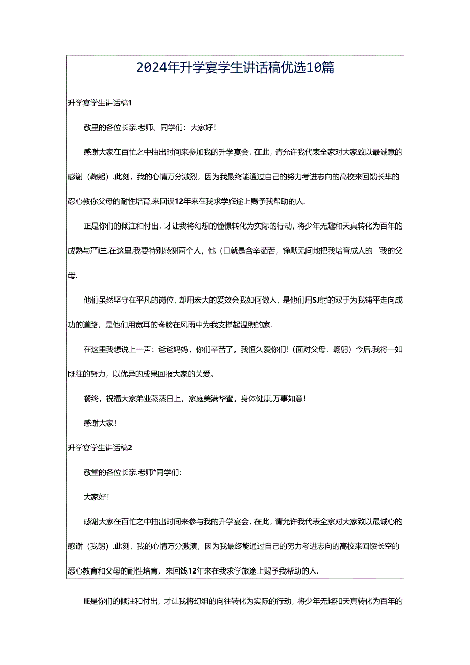 2024年升学宴学生讲话稿优选10篇.docx_第1页