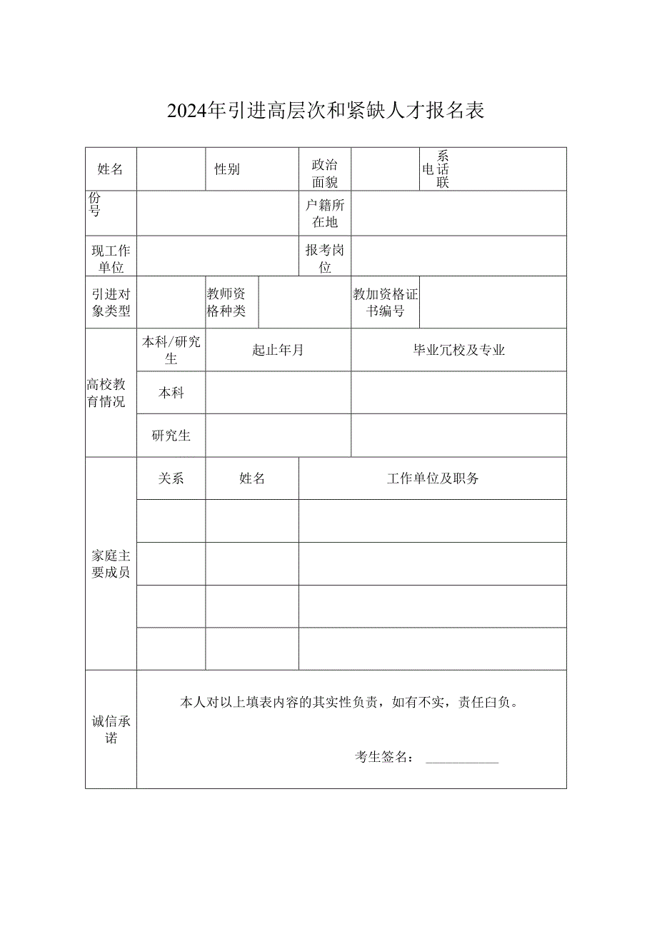 2024年引进高层次和紧缺人才报名表.docx_第1页