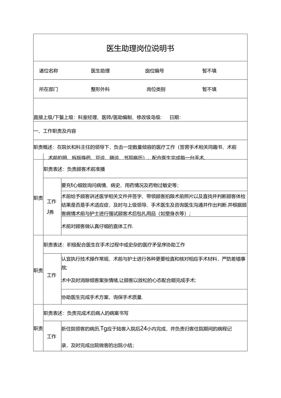 医美整形美容医师助理岗位职责说明书.docx_第1页