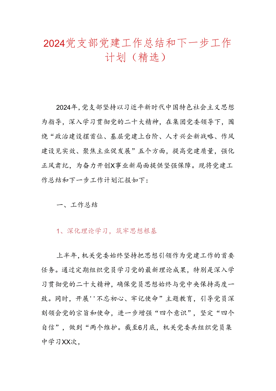 2024党支部党建工作总结和下一步工作计划（精选）.docx_第1页