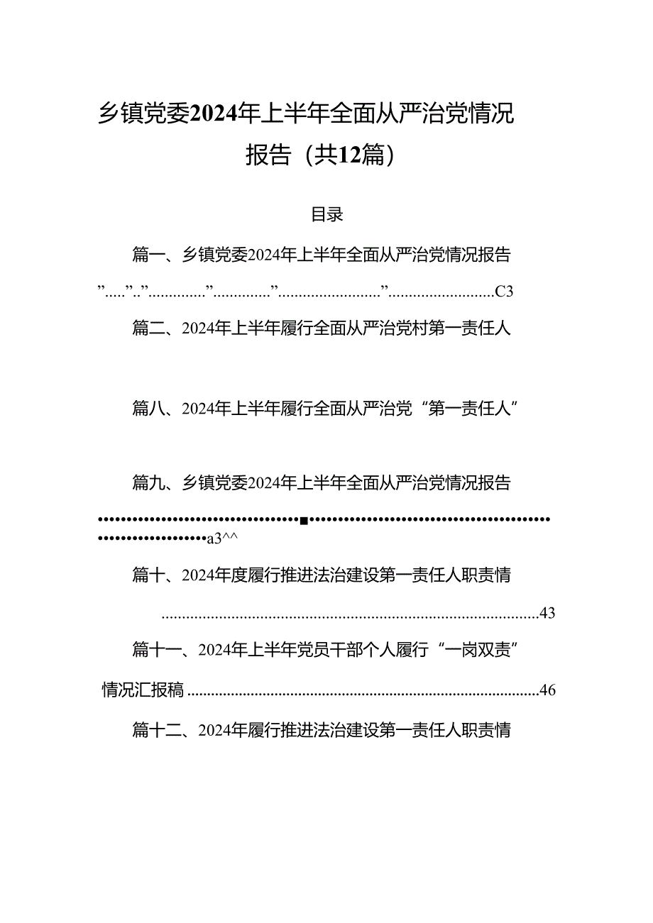 乡镇党委2024年上半年全面从严治党情况报告优选12篇.docx_第1页