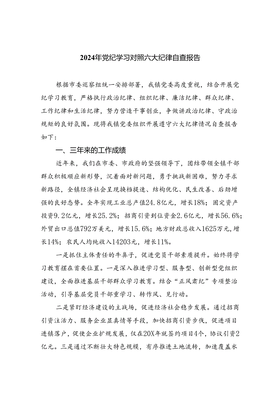 (11篇)2024年党纪学习对照六大纪律自查报告通用范文.docx_第1页