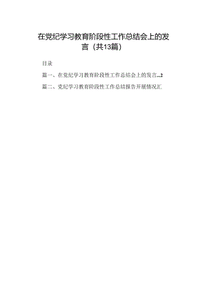 在党纪学习教育阶段性工作总结会上的发言（共13篇）.docx