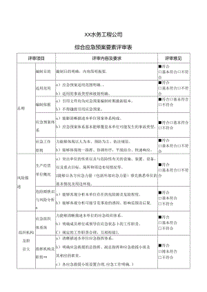XX水务工程公司综合应急预案要素评审表（2024年）.docx