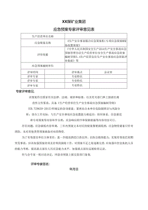 XX煤矿业集团应急预案专家评审意见表（2024年）.docx