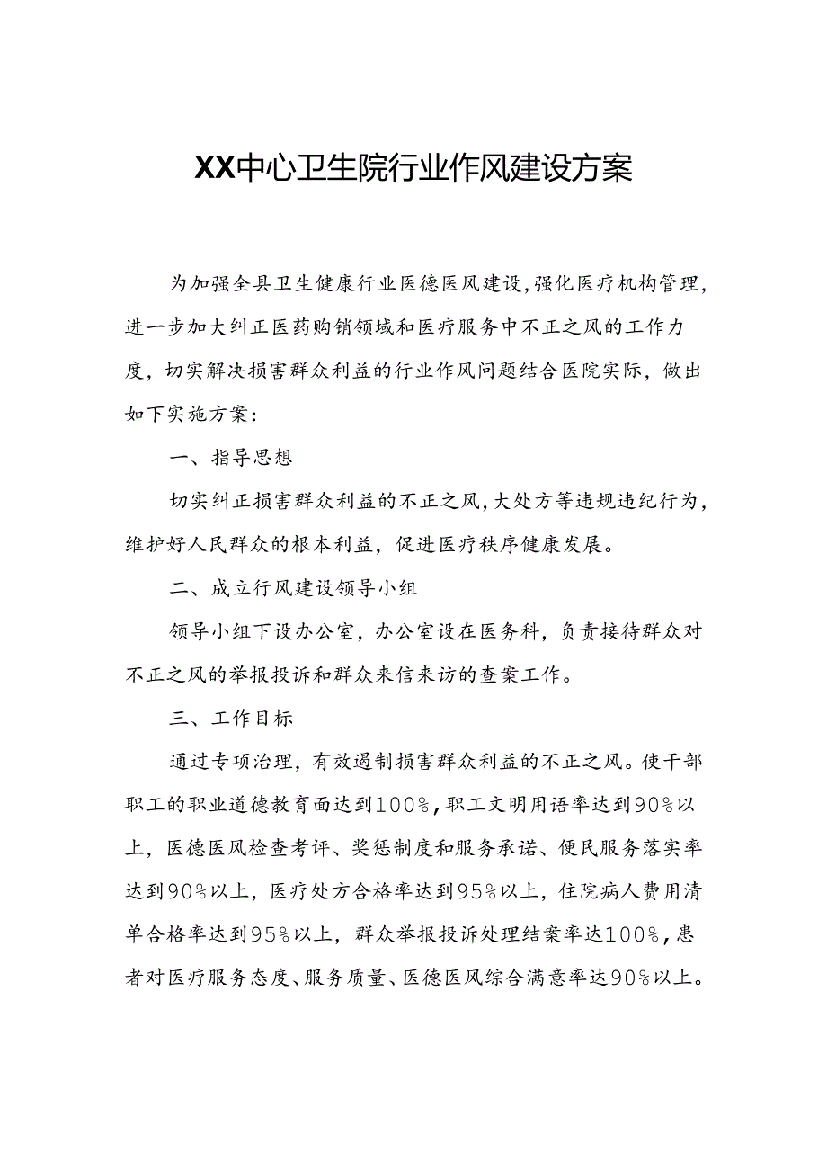 XX中心卫生院行业作风建设方案.docx_第1页