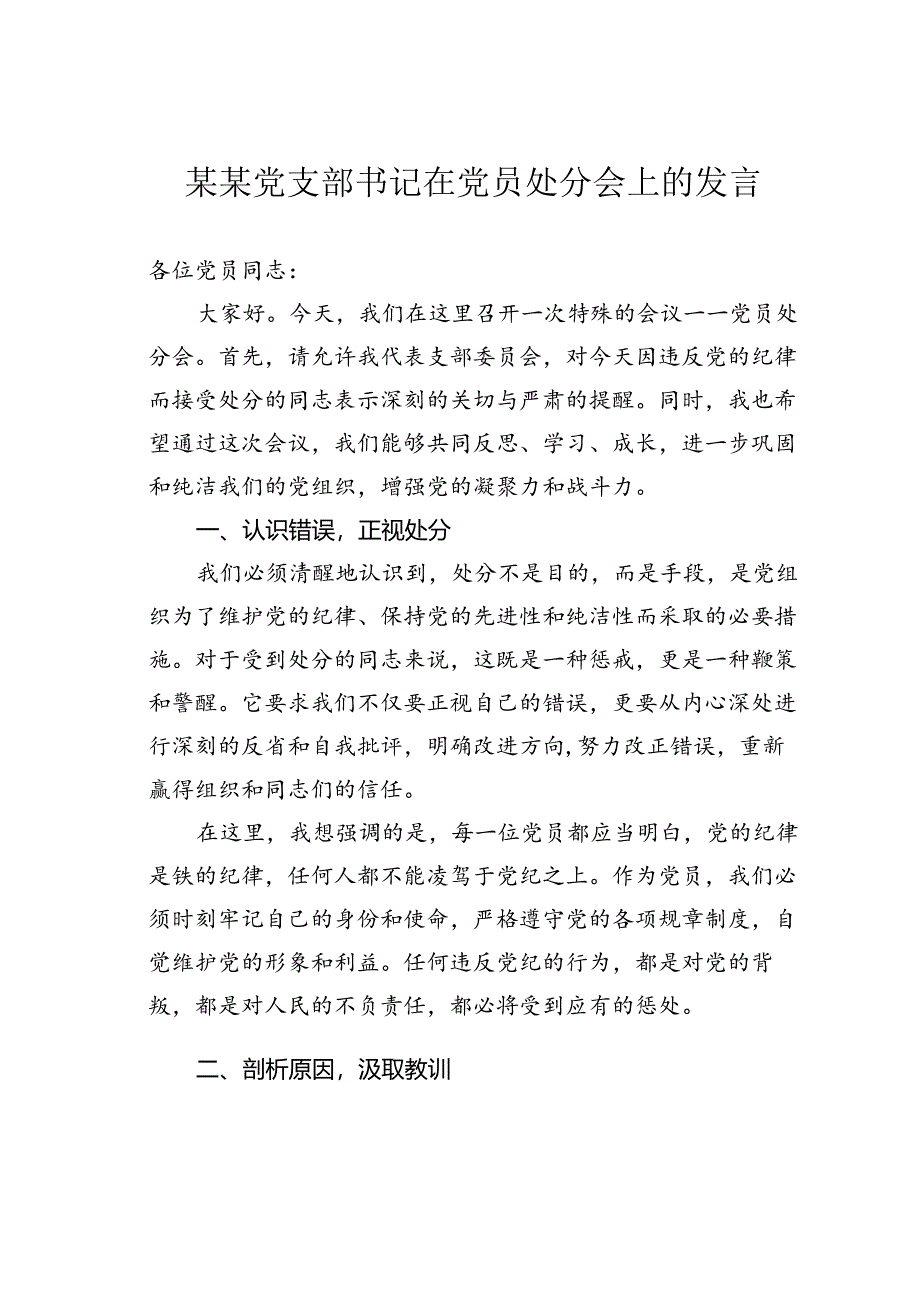 某某党支部书记在党员处分会上的发言.docx_第1页