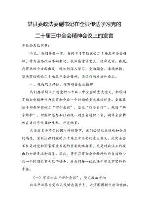 某县委政法委副书记在全县传达学习党的二十届三中全会精神会议上的发言.docx