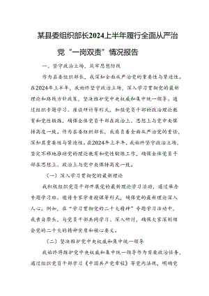 某县委组织部长2024上半年履行全面从严治党“一岗双责”情况报告.docx