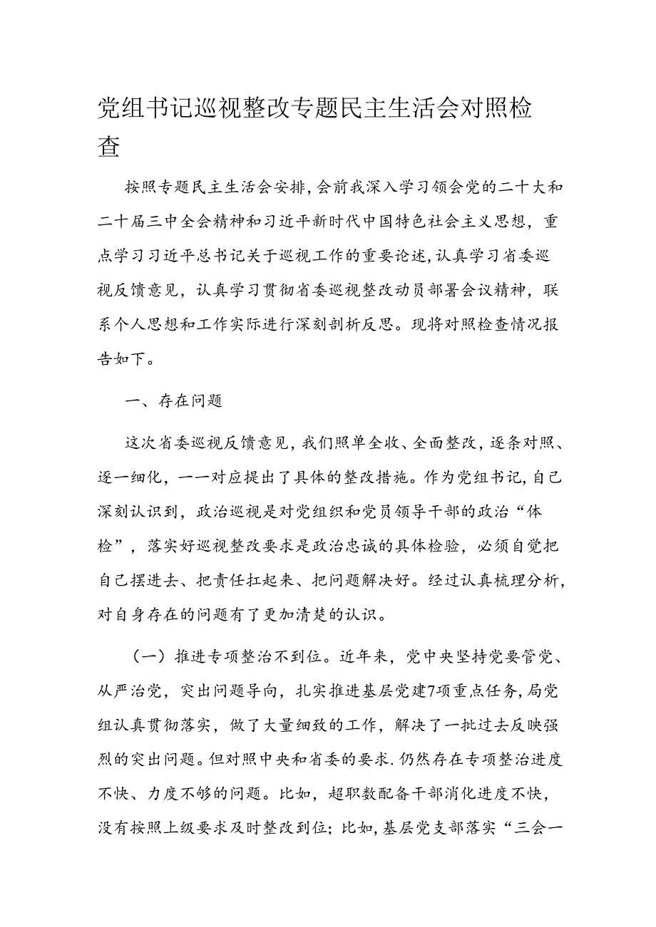 党组书记巡视整改专题民主生活会对照检查.docx_第1页