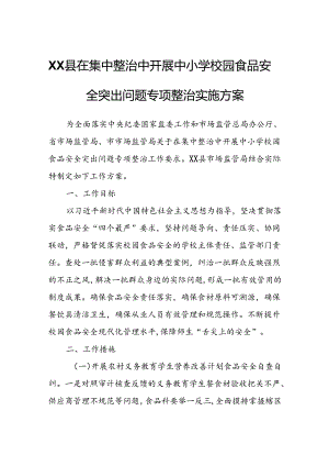 XX县在集中整治中开展中小学校园食品安全突出问题专项整治实施方案.docx