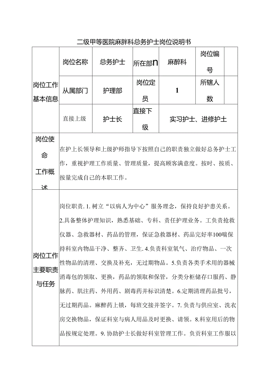 二级甲等医院麻醉科总务护士岗位说明书.docx_第1页