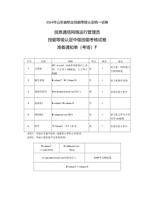 2024年山东省职业技能等级认定试卷 真题 信息通讯网络运行管理员中级实操考场、考生准备通知单F（样卷） ().docx