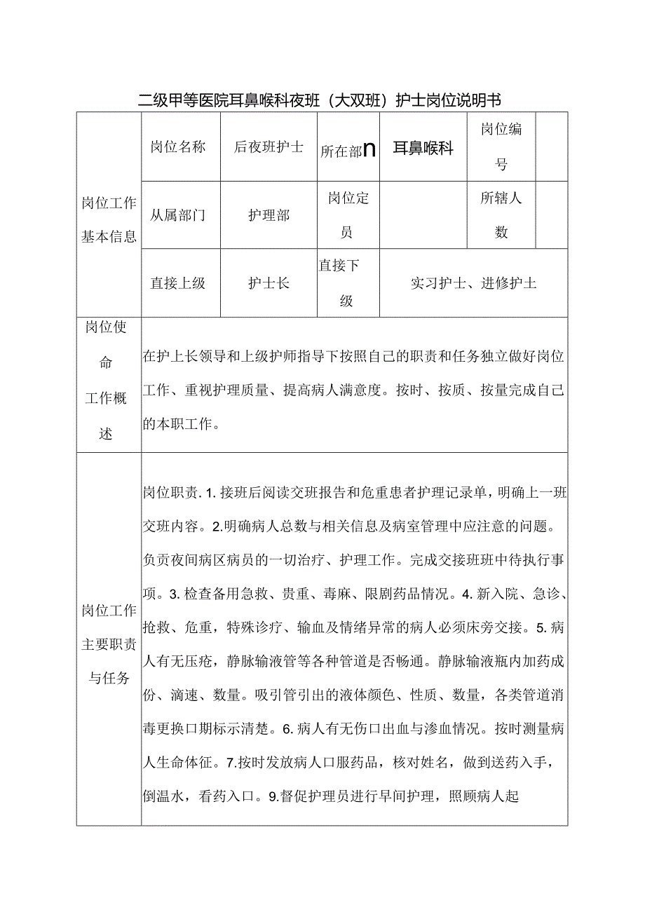 二级甲等医院耳鼻喉科夜班（大夜班）护士岗位说明书.docx_第1页