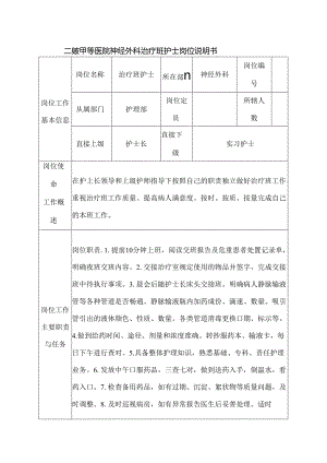 二级甲等医院神经外科治疗班护士岗位说明书.docx