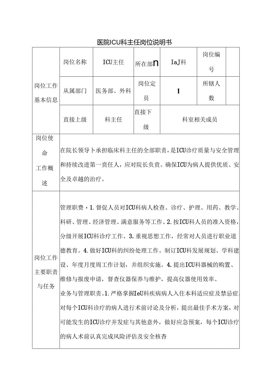 医院ICU科主任岗位说明书.docx_第1页