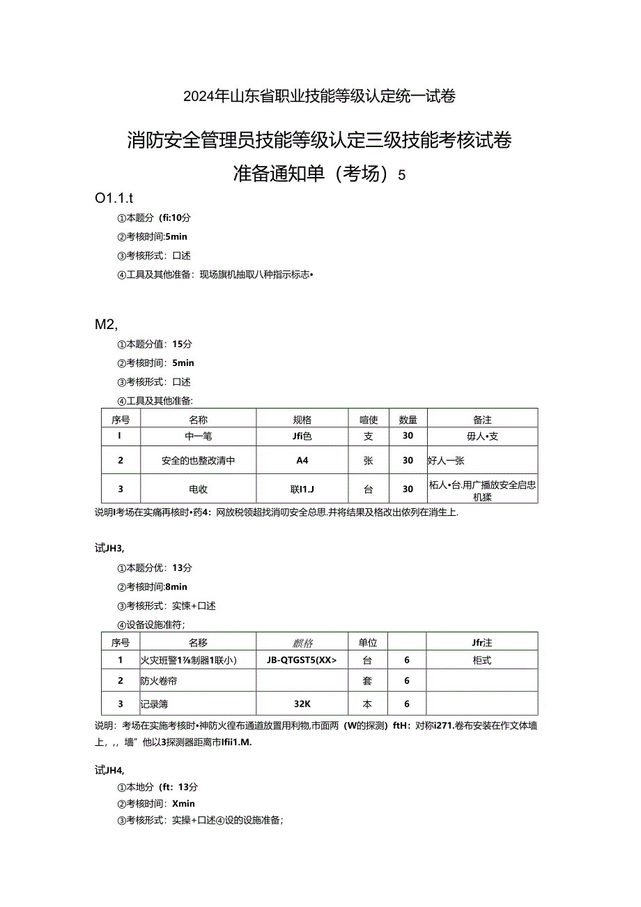 2024年山东省职业技能等级认定试卷 真题 消防安全管理员三级技能考核试卷5--考场、考生准备通知单5.docx_第1页