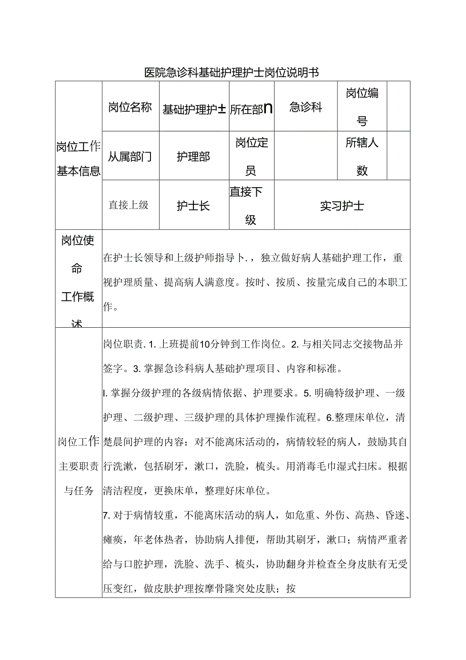医院急诊科基础护理护士岗位说明书.docx_第1页