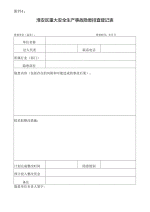 淮安办发〔2017〕52号 附件4：《淮安区重大安全生产事故隐患排查登记表》.docx