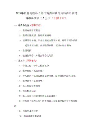 2021年质量巡检各个部门需要准备的资料清单及责任分工.docx