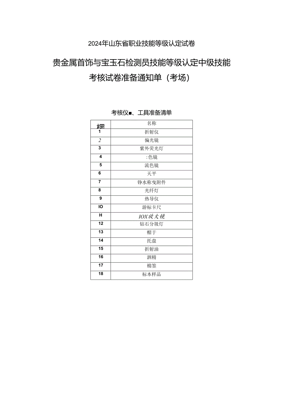 2024年山东省职业技能等级认定试卷 真题 贵金属首饰与宝玉石检测员 实操中级考场准备.docx_第1页