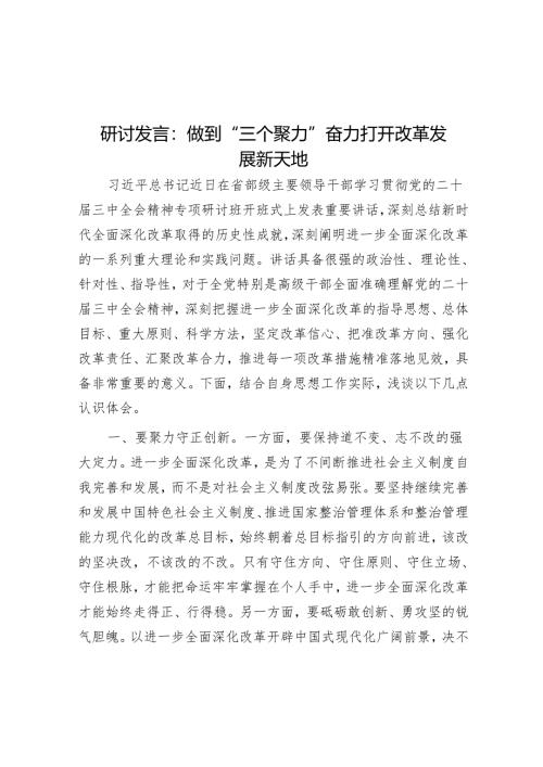 研讨发言：做到“三个聚力” 奋力打开改革发展新天地.docx