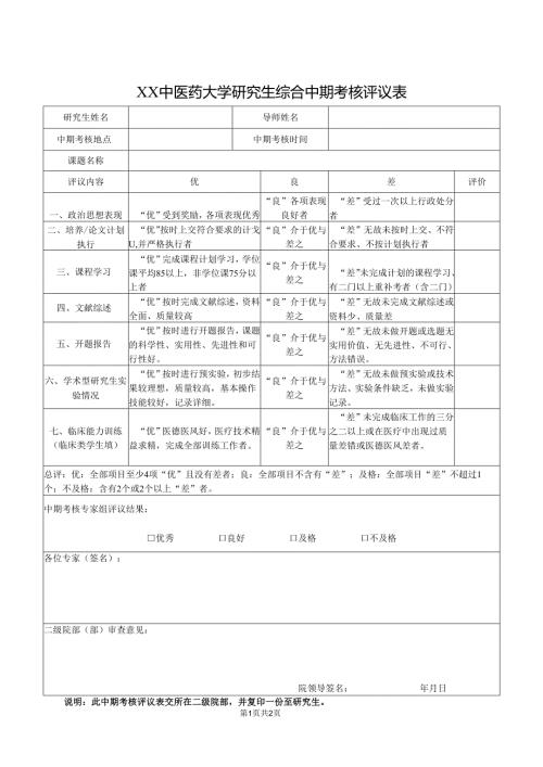 XX中医药大学研究生综合中期考核评议表（2024年）.docx